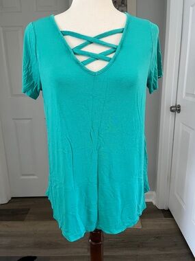 Sew In Love Teal Crisscross Short Sleeve V-Neck Top